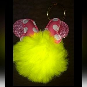 $12 Minnie Mouse Cartoon Polka Dot Hair Ball Fluffy Pom Pom Keychain Bow Tie